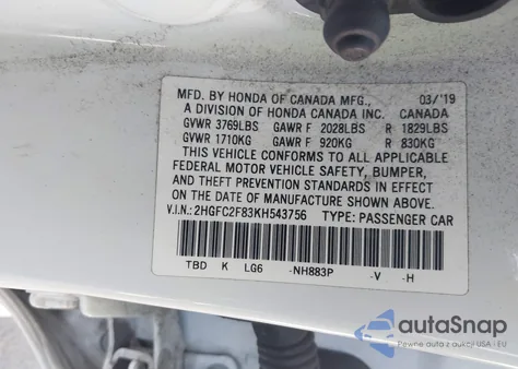 2019 Honda Civic Sport from USA, damaged, VIN 2HGFC2F83KH543756
